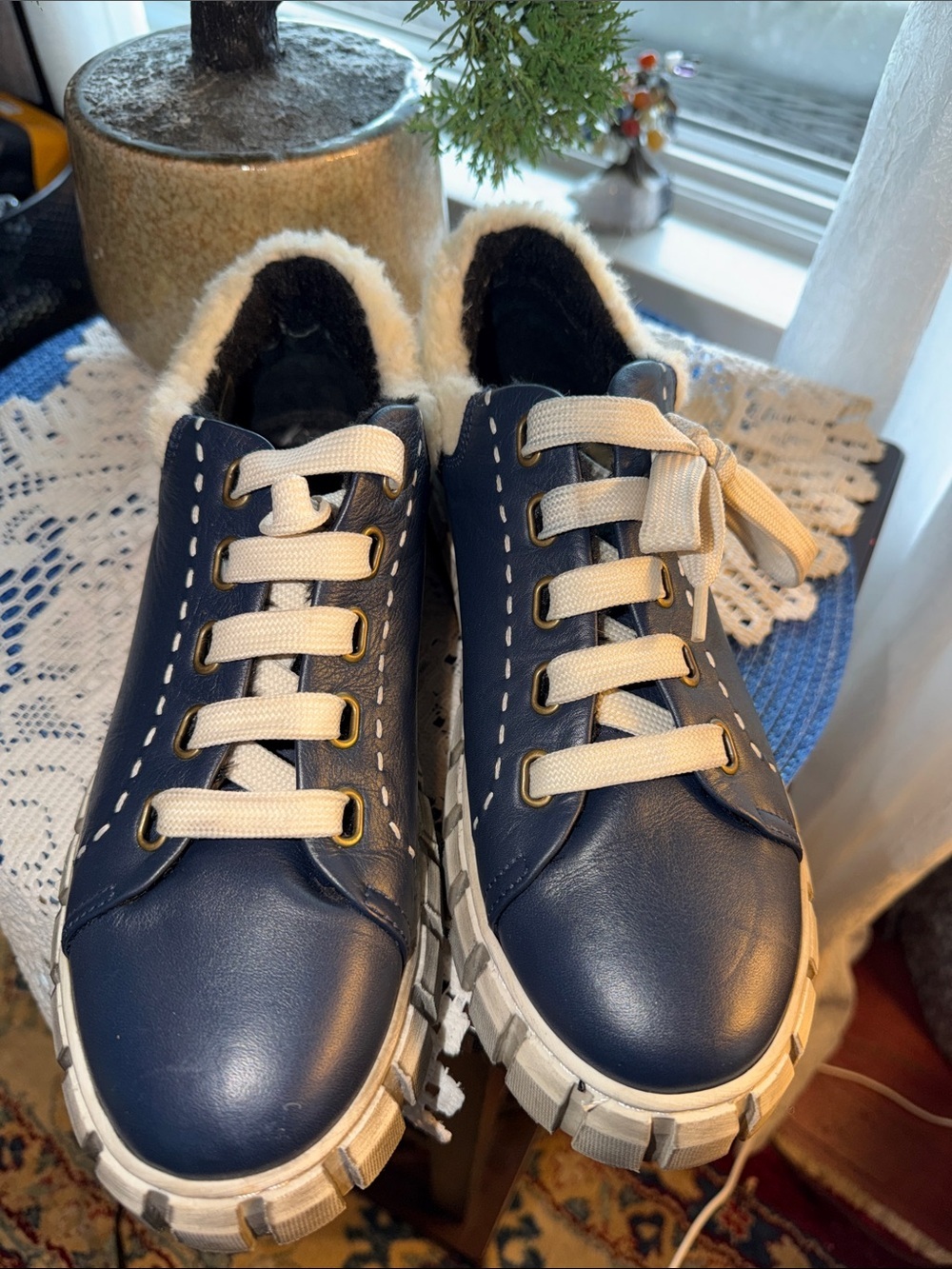 Gelato Navy Faux Leather Platform Sneakers with Cream Trim